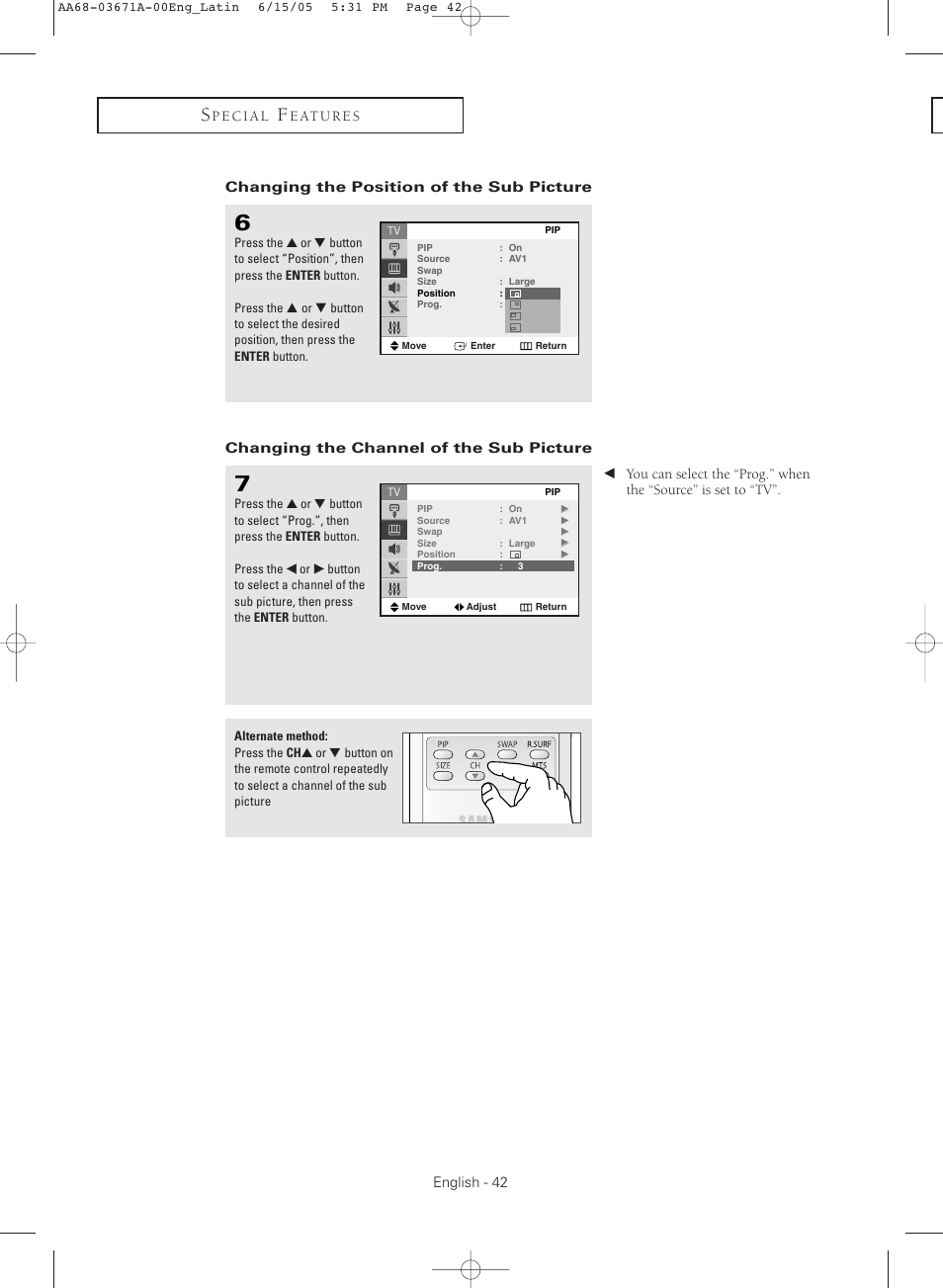 Changing the position of the sub picture, Changing the channel of the sub picture | Samsung CL21M21  EN User Manual | Page 42 / 60