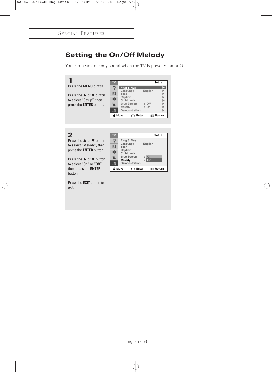 Setting the on/off melody | Samsung CL21M21  EN User Manual | Page 53 / 60