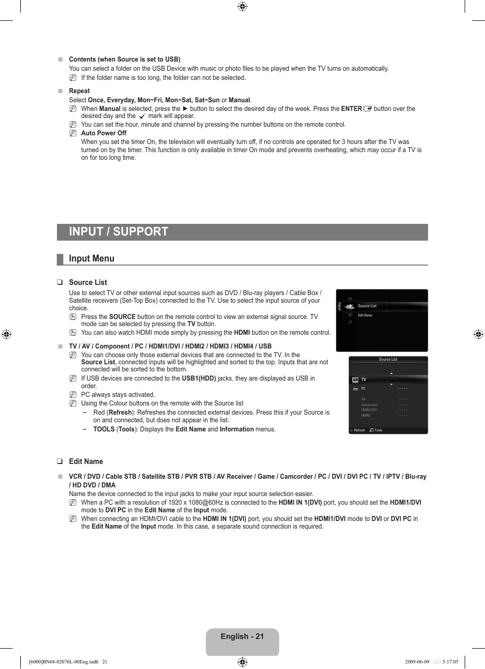 Input / support, Input menu | Samsung BN68-02076L-00 User Manual | Page 23 / 59