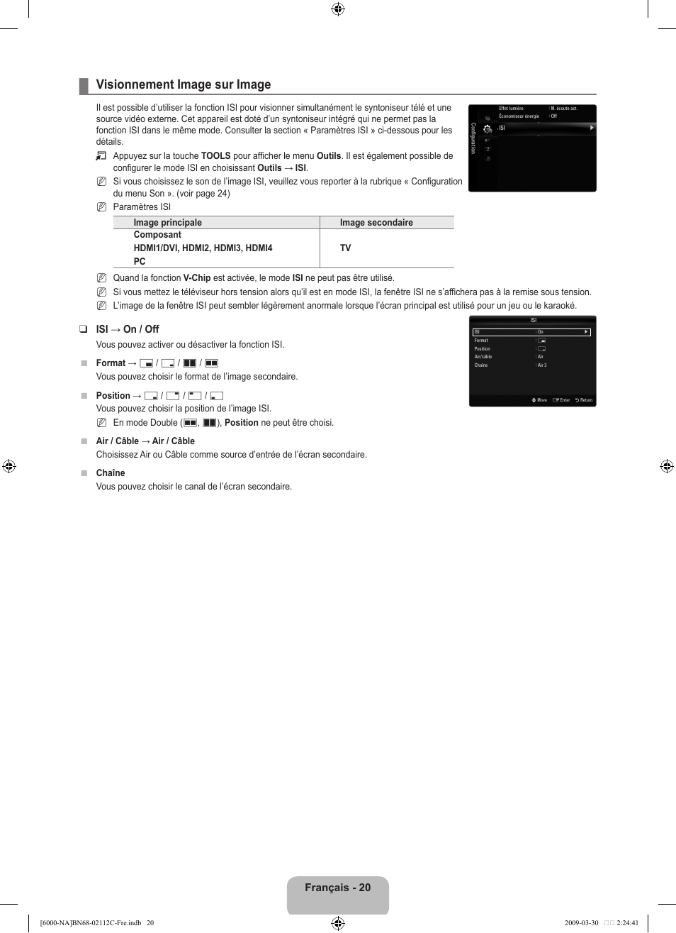 Visionnement image sur image, Français - 20, Isi → on / off | Samsung UNB6000 User Manual | Page 185 / 239