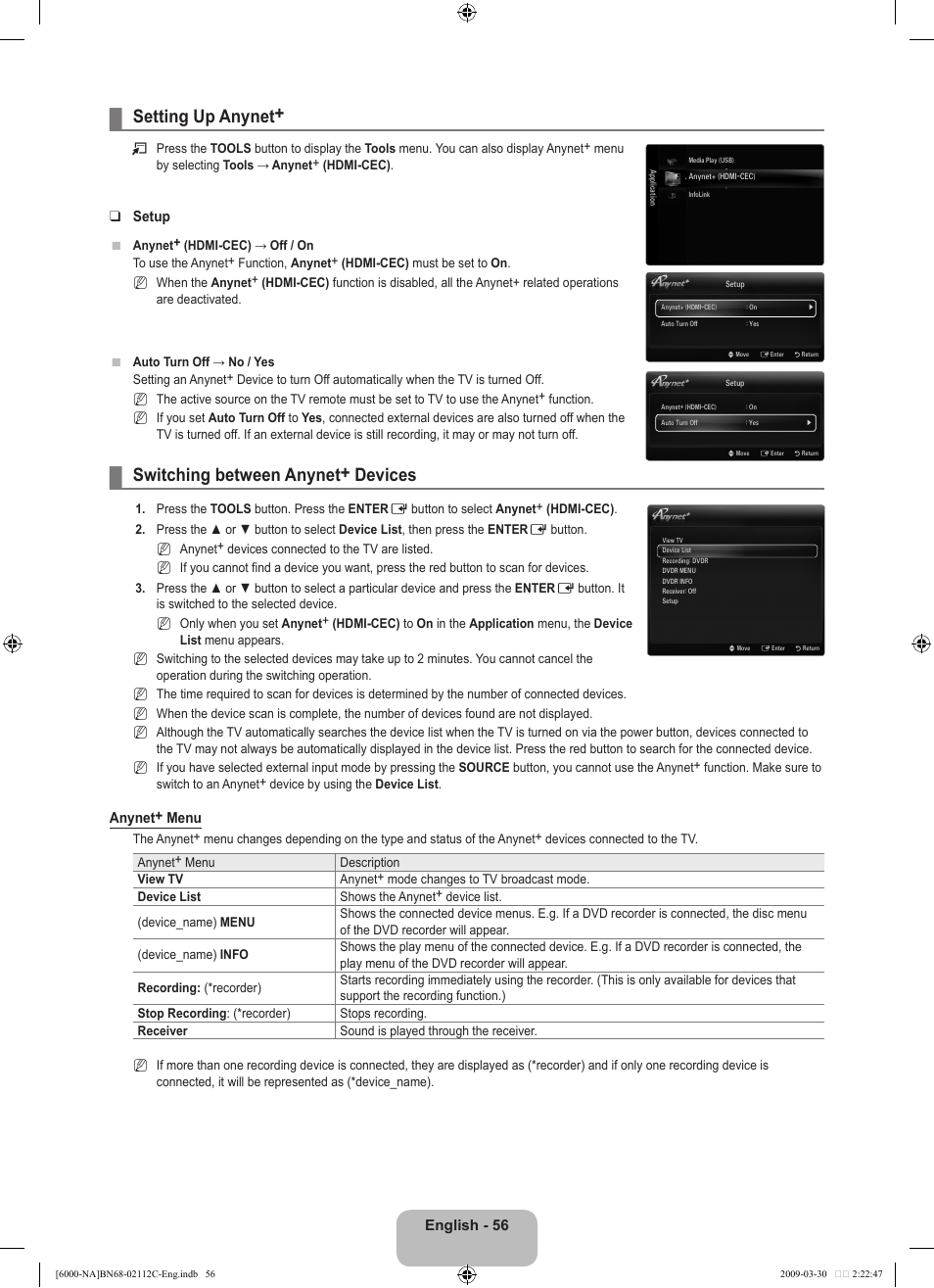 Setting up anynet, Switching between anynet+ devices | Samsung UNB6000 User Manual | Page 58 / 239