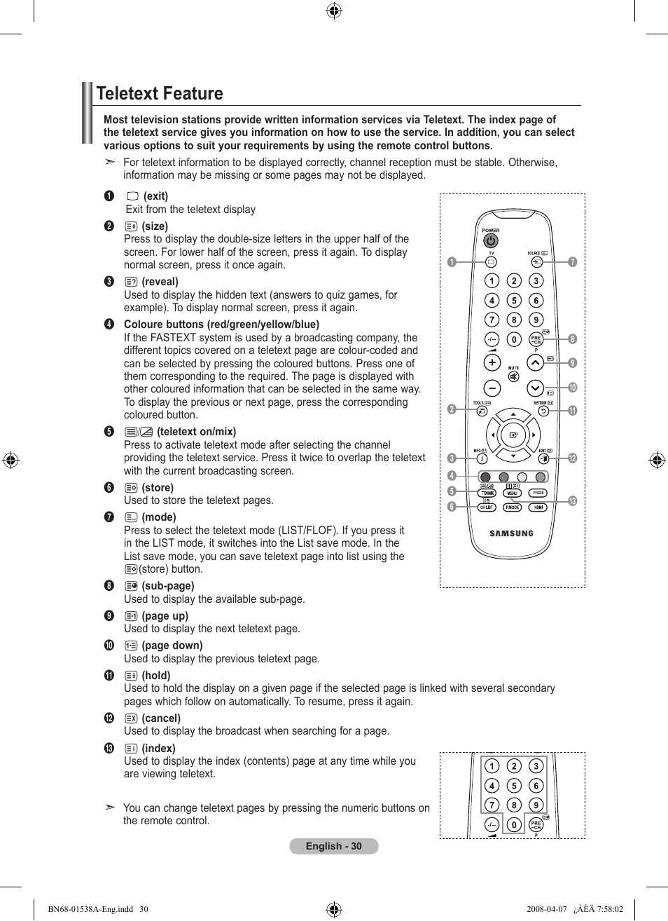 Recommendations for use, Teletext feature | Samsung BN68-01538A-00 User Manual | Page 32 / 35