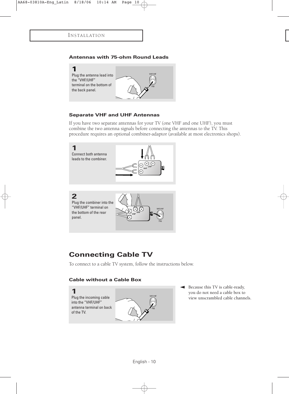 Antennas with 75-ohm round leads, Separate vhf and uhf antennas, Connecting cable tv | Cable without a cable box | Samsung CL-21M40MQ User Manual | Page 10 / 44