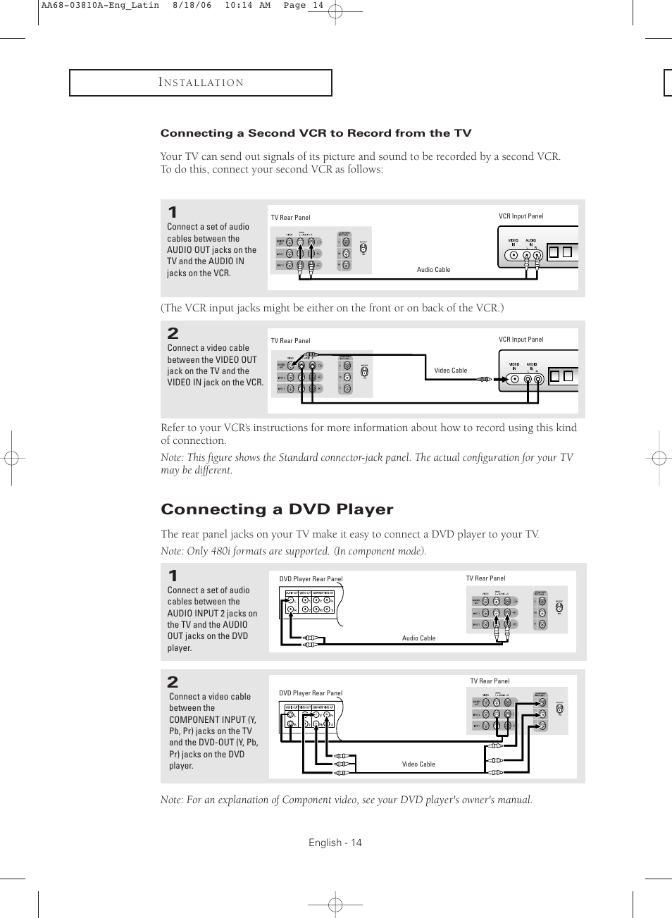 Connecting a second vcr to record from the tv, Connecting a dvd player | Samsung CL-21M40MQ User Manual | Page 14 / 44