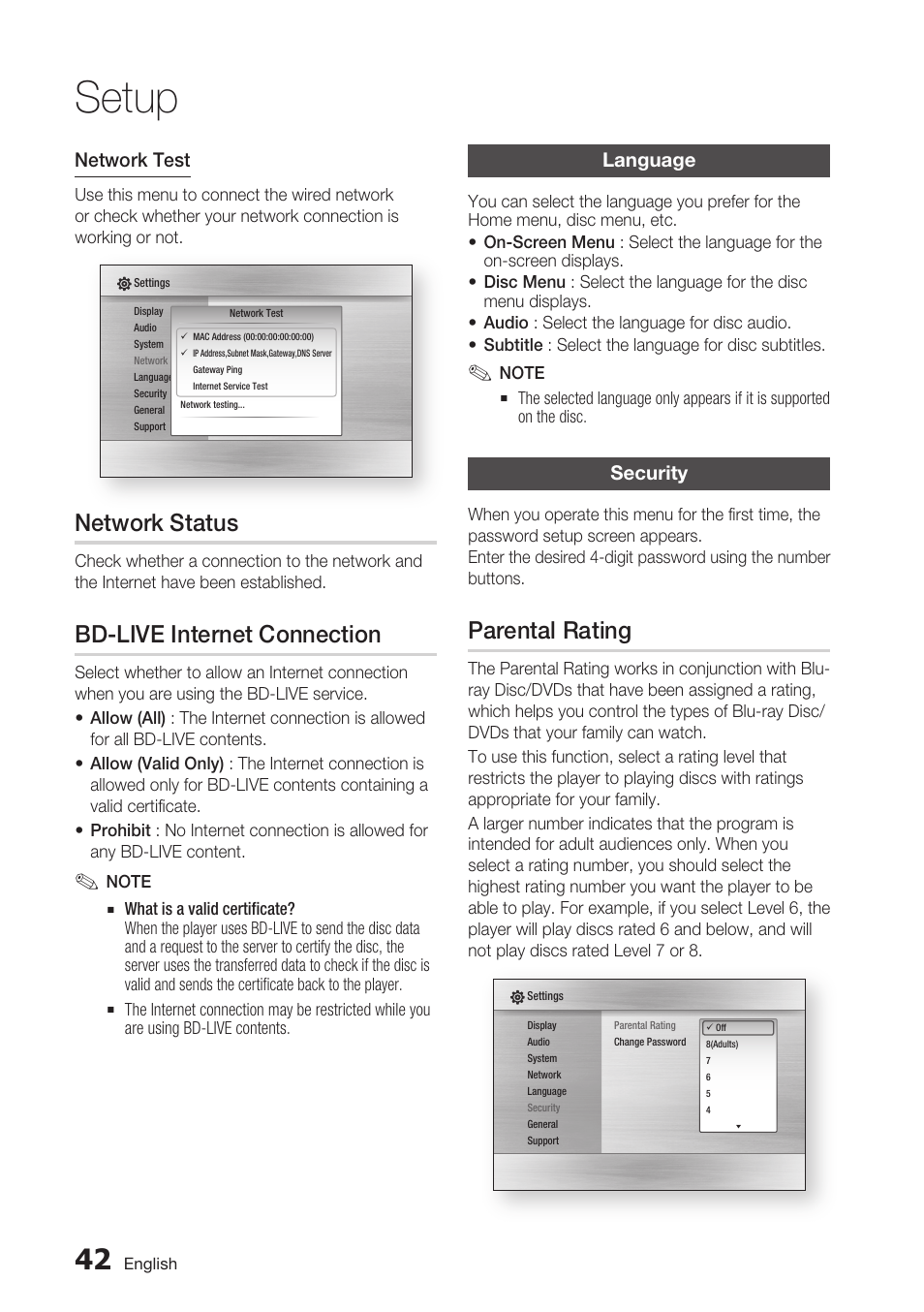 Network status, Bd-live internet connection, Language | Security, Parental rating, Setup | Samsung BD-C7500 User Manual | Page 42 / 69