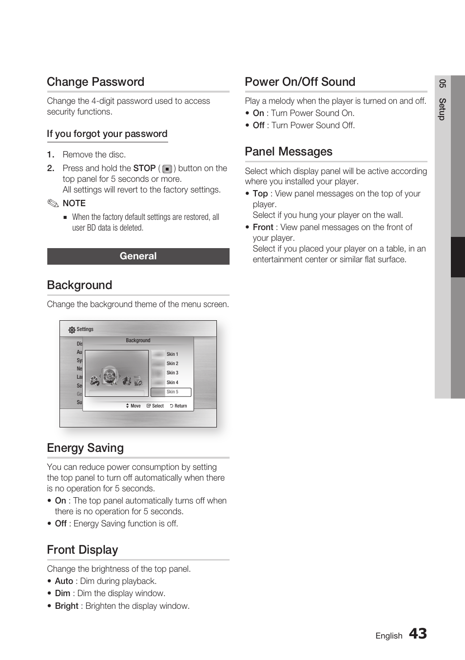 Change password, General, Background | Energy saving, Front display, Power on/off sound, Panel messages | Samsung BD-C7500 User Manual | Page 43 / 69