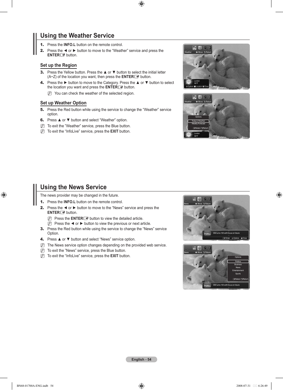 Using the weather service, Using the news service, Set up the region | Set up weather option | Samsung BN68-01700A-00 User Manual | Page 56 / 68