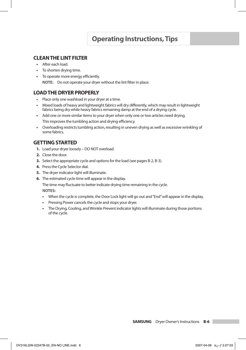 Operating instructions, tips, Clean the lint filter, Load the dryer properly | Getting started | Samsung DC68-02347B-05 User Manual | Page 19 / 30