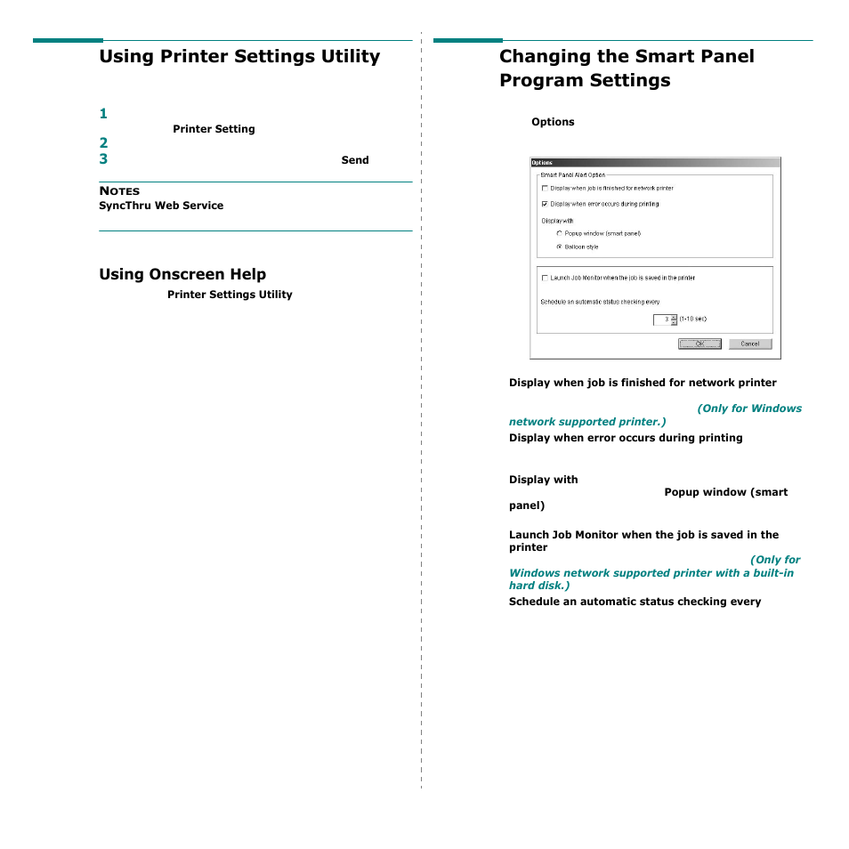 Using printer settings utility, Using onscreen help, Changing the smart panel program settings | Samsung CLP-600 User Manual | Page 103 / 115