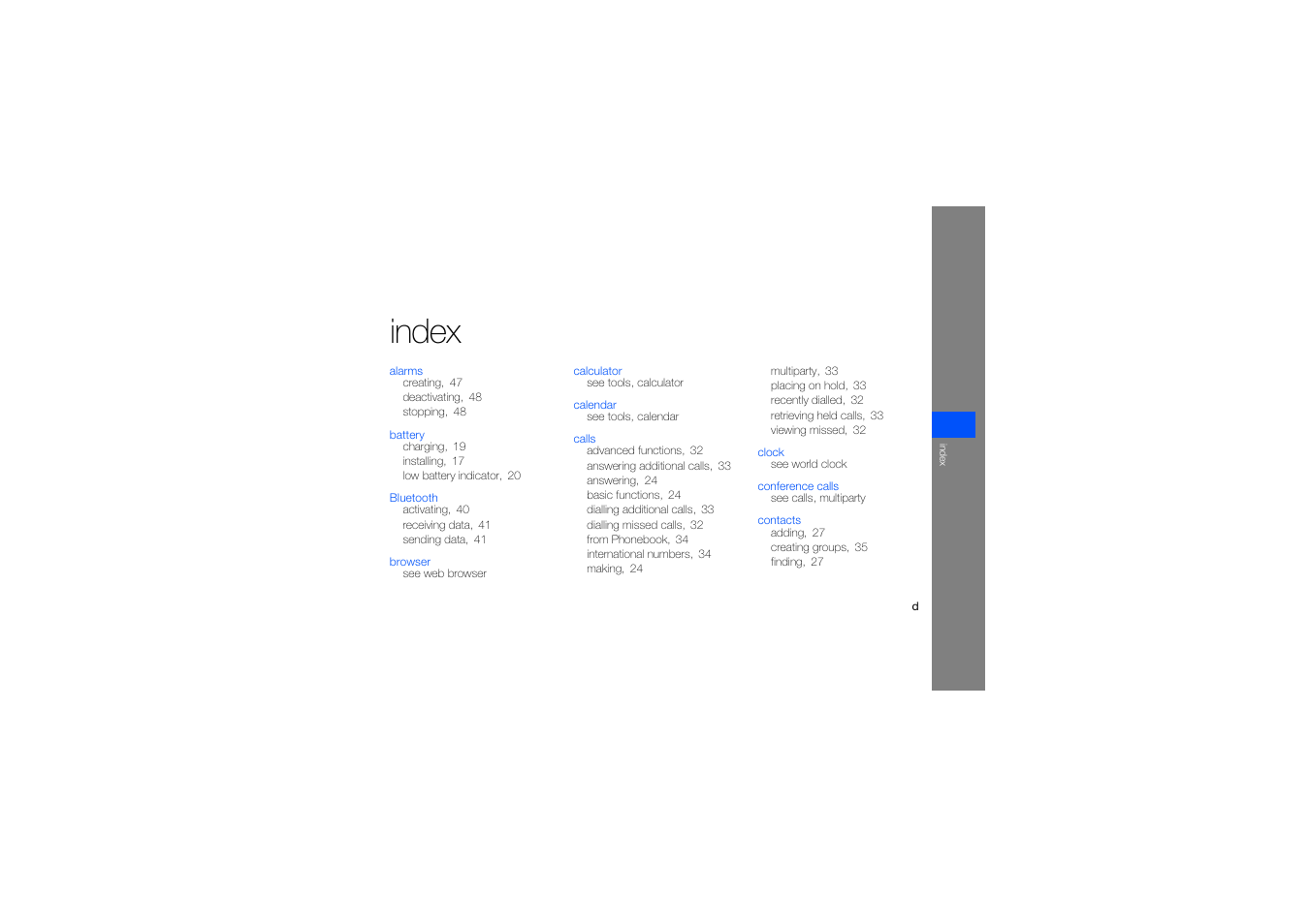 Index, Index d | Samsung B2700 User Manual | Page 59 / 63