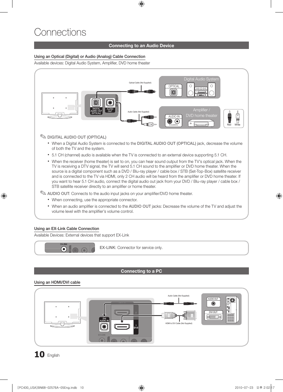 Connecting to an audio device, Connecting to a pc, Connections | Samsung BN68-02576A-06 User Manual | Page 10 / 38