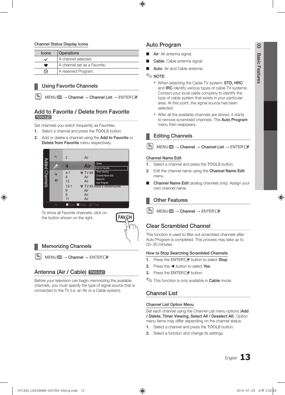 Add to favorite / delete from favorite, Antenna (air / cable), Auto program | Clear scrambled channel, Channel list | Samsung BN68-02576A-06 User Manual | Page 13 / 38