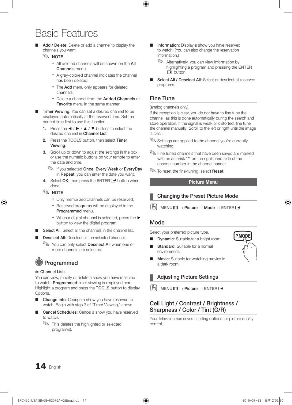 Picture menu, Basic features | Samsung BN68-02576A-06 User Manual | Page 14 / 38