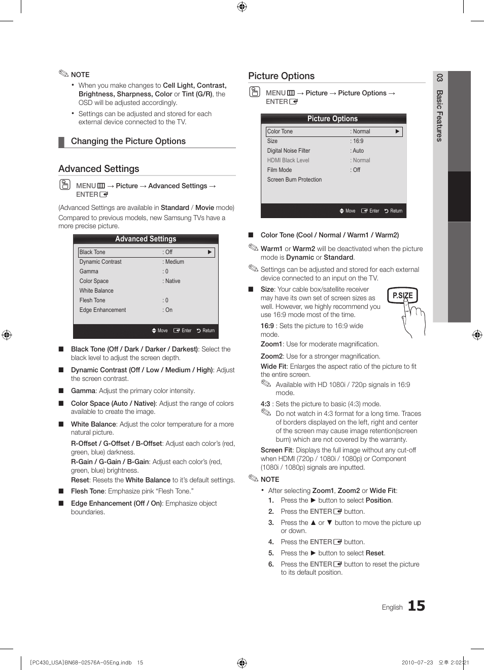 Advanced settings, Picture options | Samsung BN68-02576A-06 User Manual | Page 15 / 38