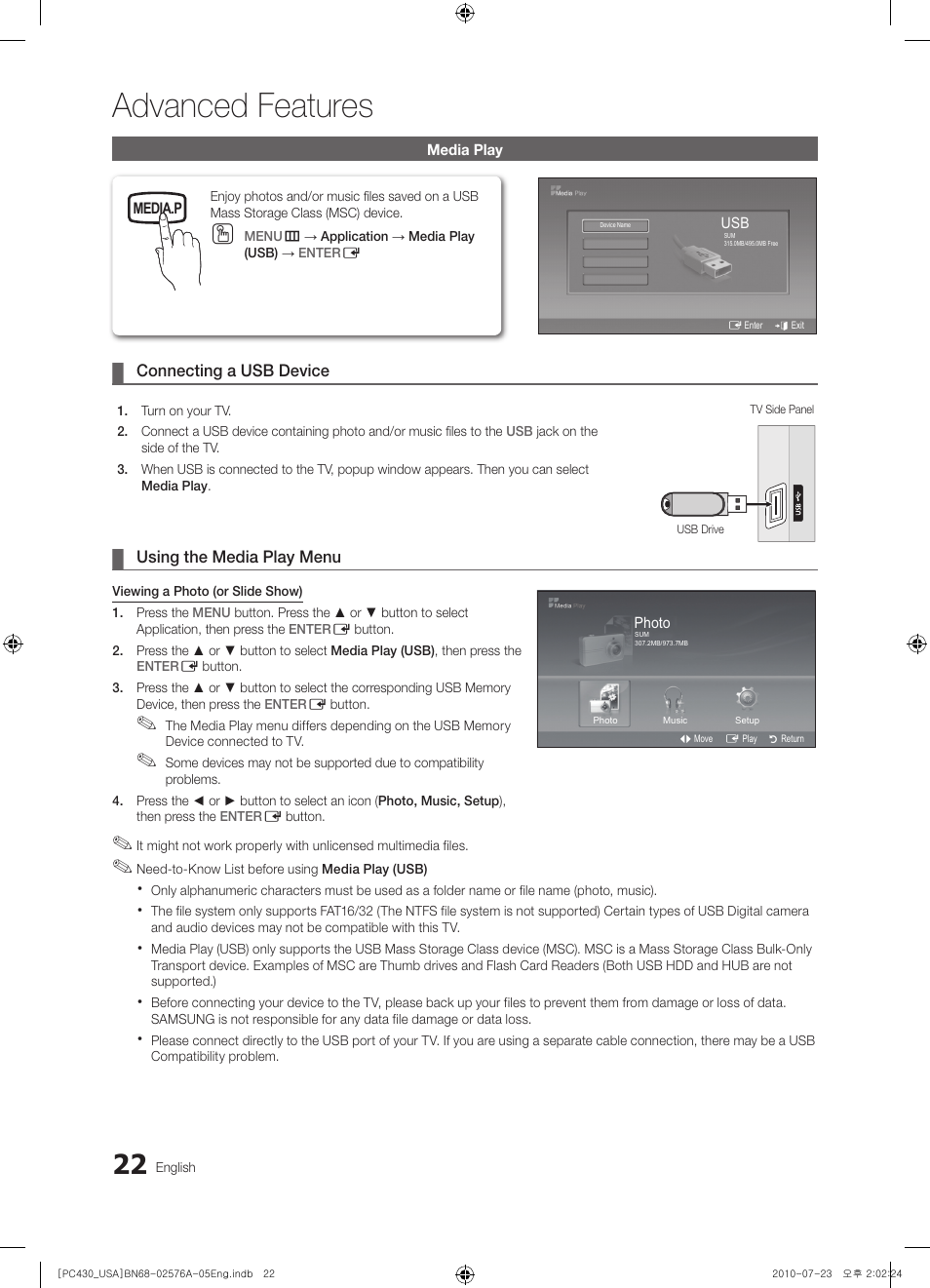Advanced features, Media play, Connecting a usb device | Using the media play menu, Media.p, Photo, Music | Samsung BN68-02576A-06 User Manual | Page 22 / 38