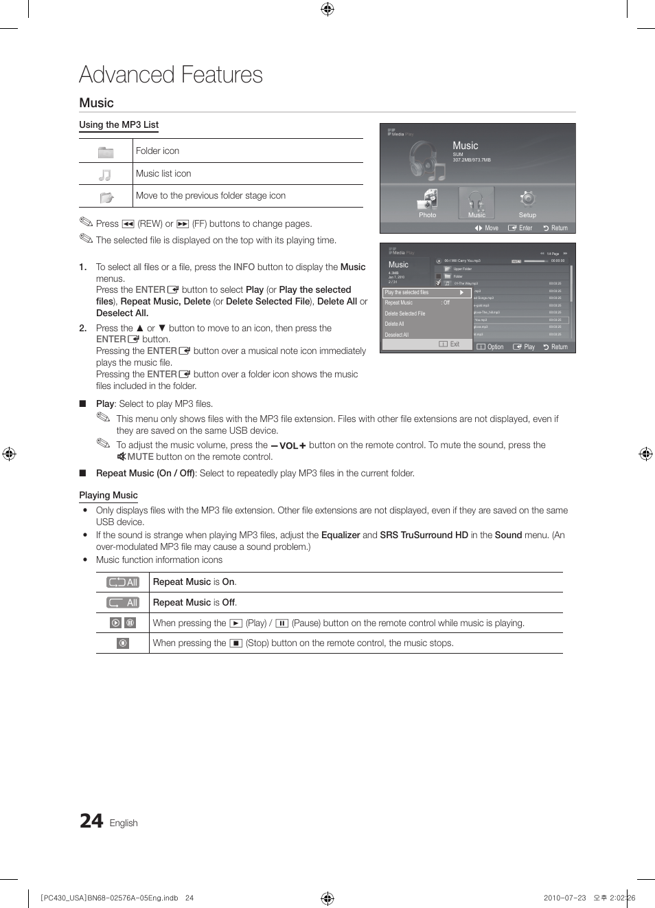 Advanced features, Music, Photo | English, Press � (rew) or µ (ff) buttons to change pages | Samsung BN68-02576A-06 User Manual | Page 24 / 38