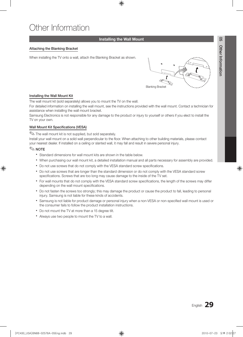 Other information, Installing the wall mount | Samsung BN68-02576A-06 User Manual | Page 29 / 38