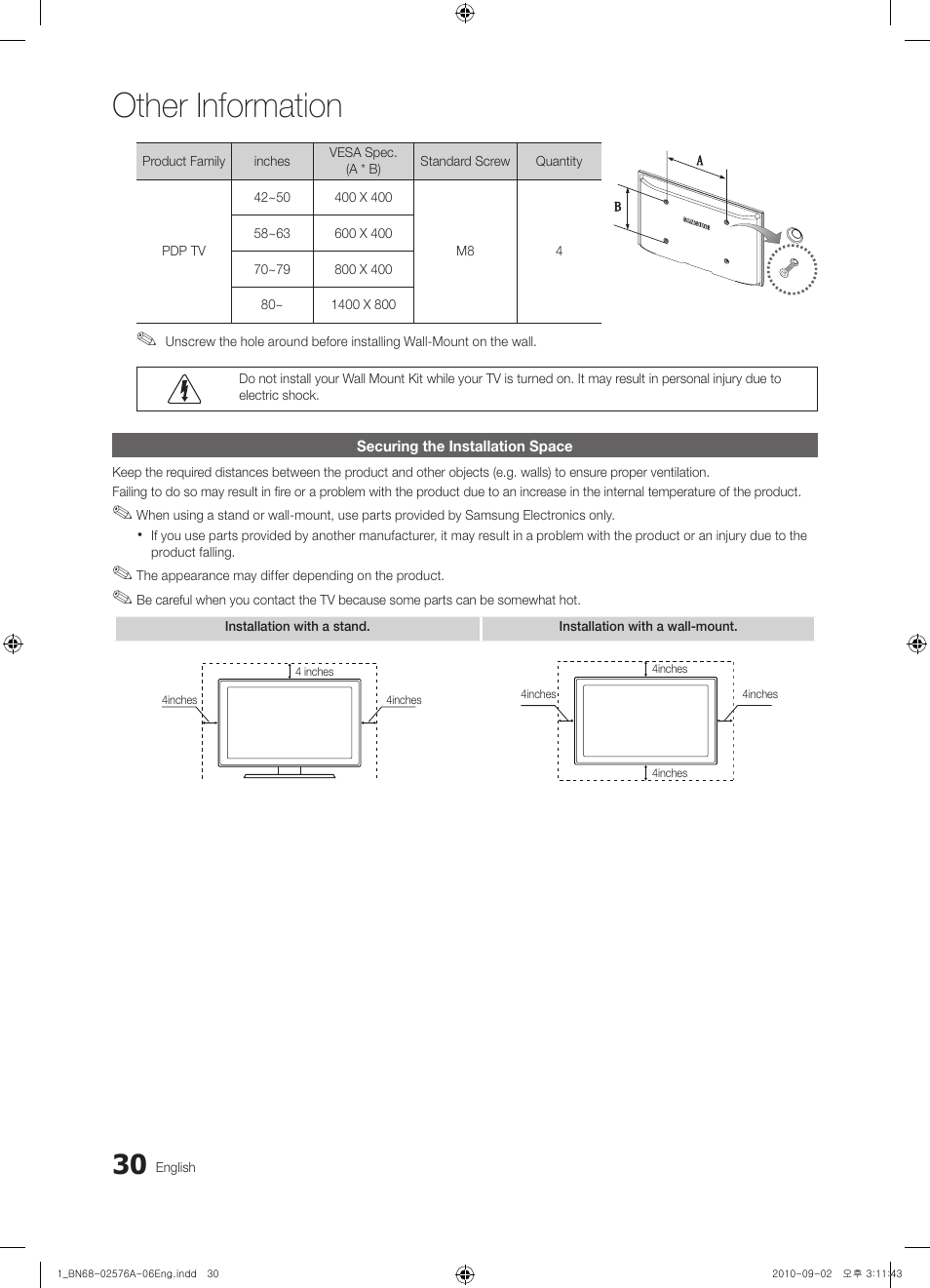 Securing the installation space, Other information | Samsung BN68-02576A-06 User Manual | Page 30 / 38