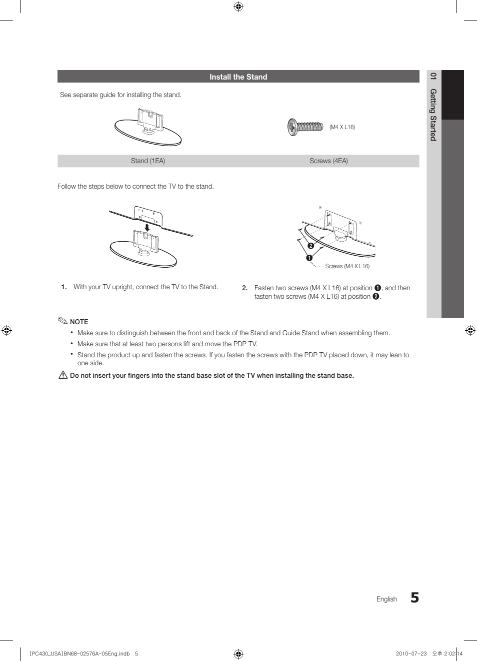 Install the stand | Samsung BN68-02576A-06 User Manual | Page 5 / 38