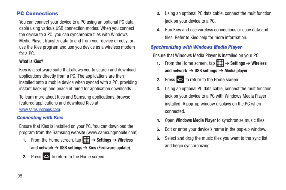 Pc connections | Samsung GALAXY Tab SGH-I987 User Manual | Page 102 / 149