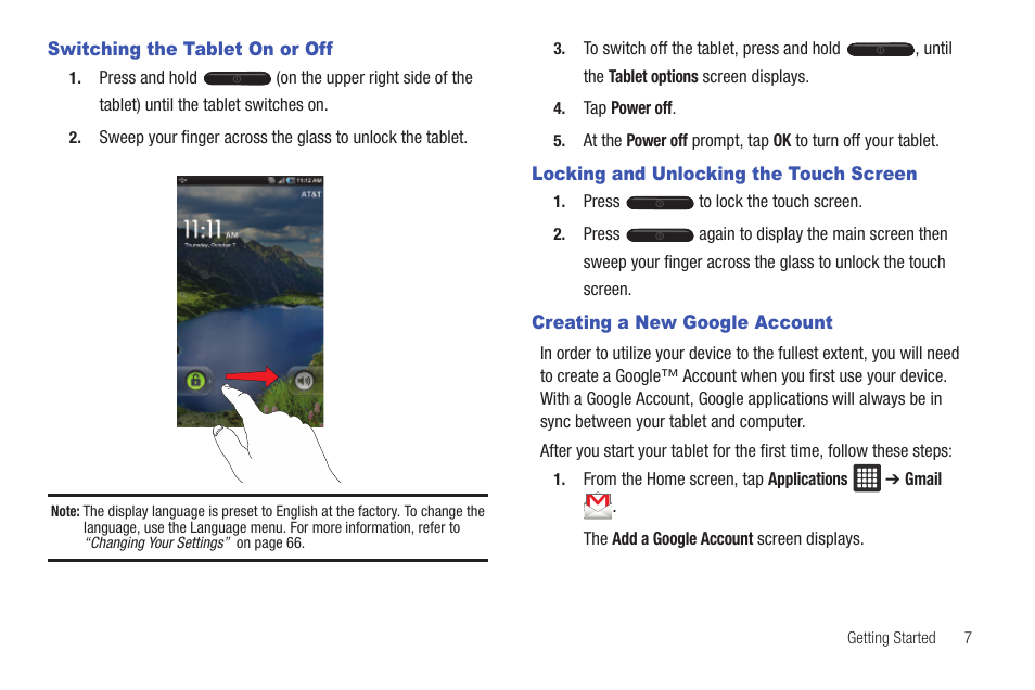 Switching the tablet on or off, Locking and unlocking the touch screen, Creating a new google account | Samsung GALAXY Tab SGH-I987 User Manual | Page 11 / 149