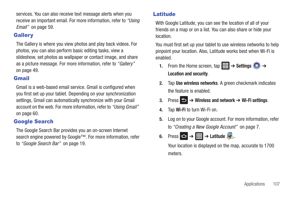 Gallery, Gmail, Google search | Latitude, Gallery gmail google search latitude | Samsung GALAXY Tab SGH-I987 User Manual | Page 111 / 149