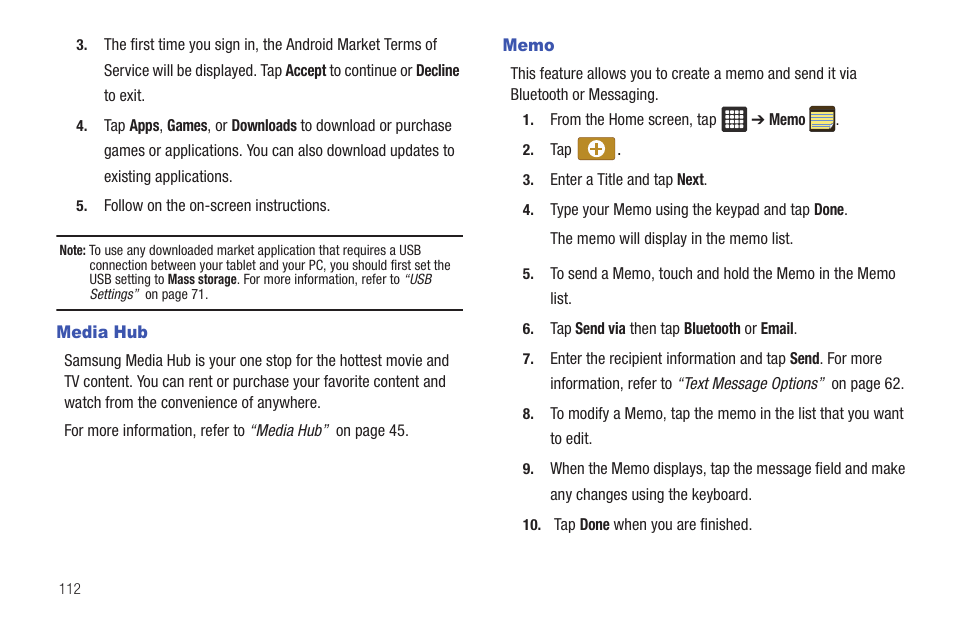Media hub, Memo, Media hub memo | Samsung GALAXY Tab SGH-I987 User Manual | Page 116 / 149