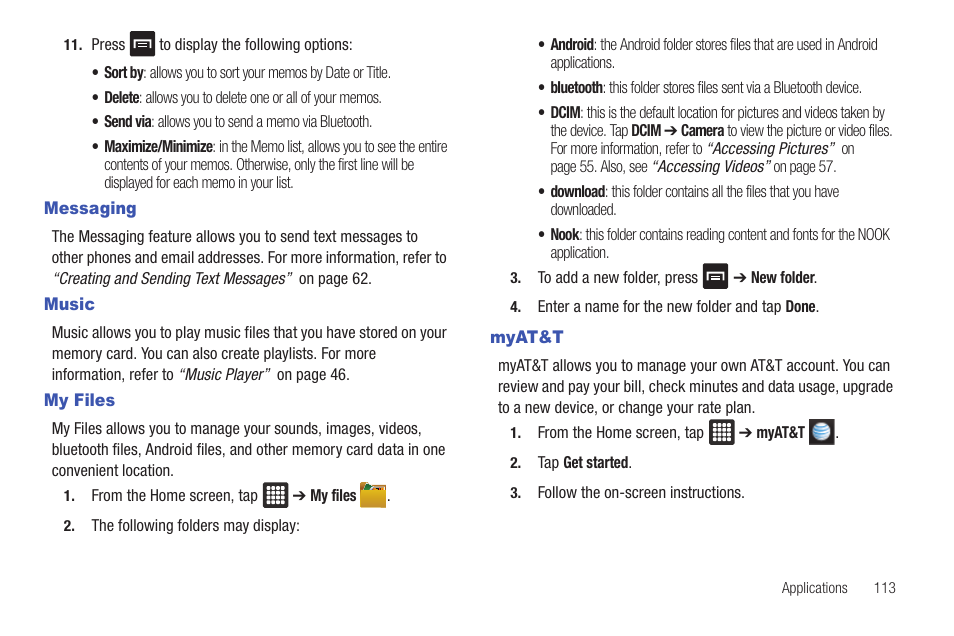 Messaging, Music, My files | Myat&t, Messaging music, My files myat&t | Samsung GALAXY Tab SGH-I987 User Manual | Page 117 / 149