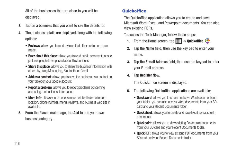 Quickoffice | Samsung GALAXY Tab SGH-I987 User Manual | Page 122 / 149