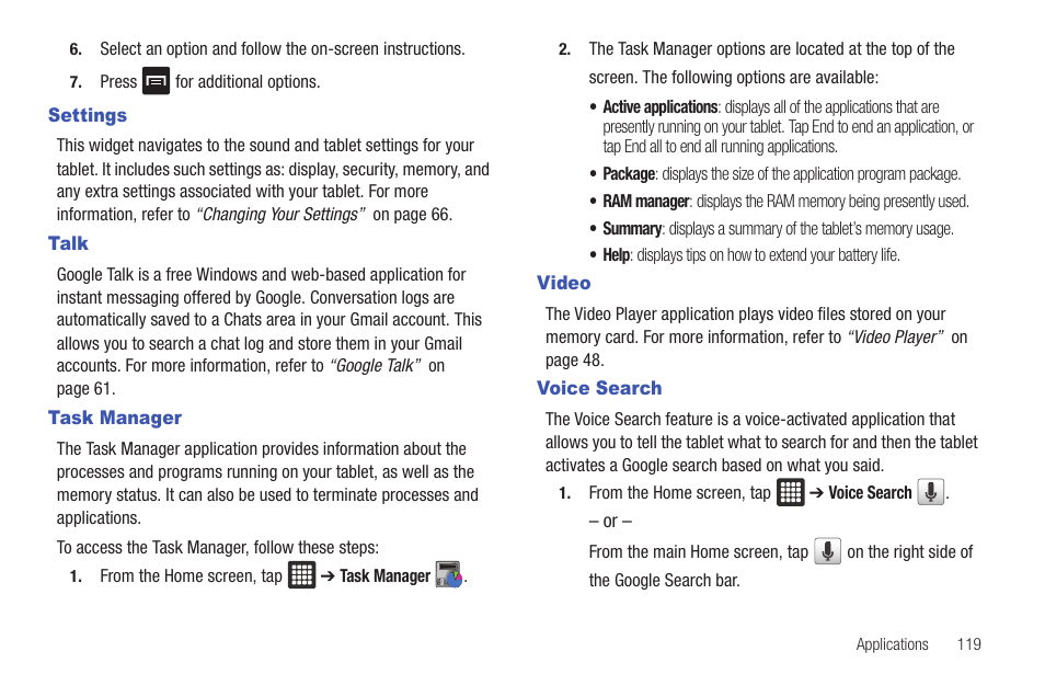 Settings, Talk, Task manager | Video, Voice search, Settings talk task manager video voice search | Samsung GALAXY Tab SGH-I987 User Manual | Page 123 / 149