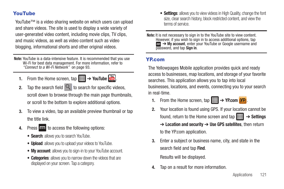 Youtube, Yp.com, Youtube yp.com | Samsung GALAXY Tab SGH-I987 User Manual | Page 125 / 149