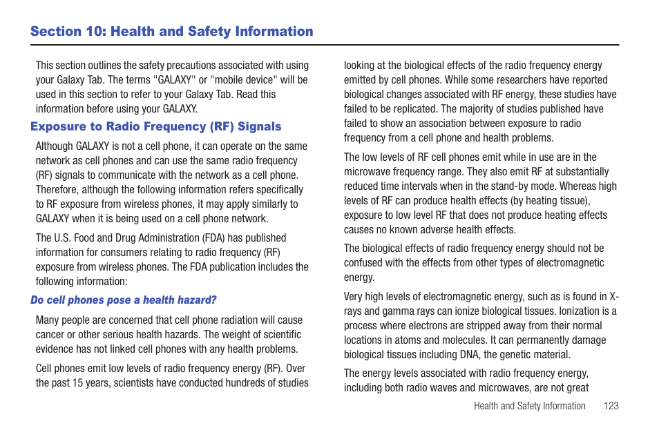 Section 10: health and safety information, Exposure to radio frequency (rf) signals | Samsung GALAXY Tab SGH-I987 User Manual | Page 127 / 149