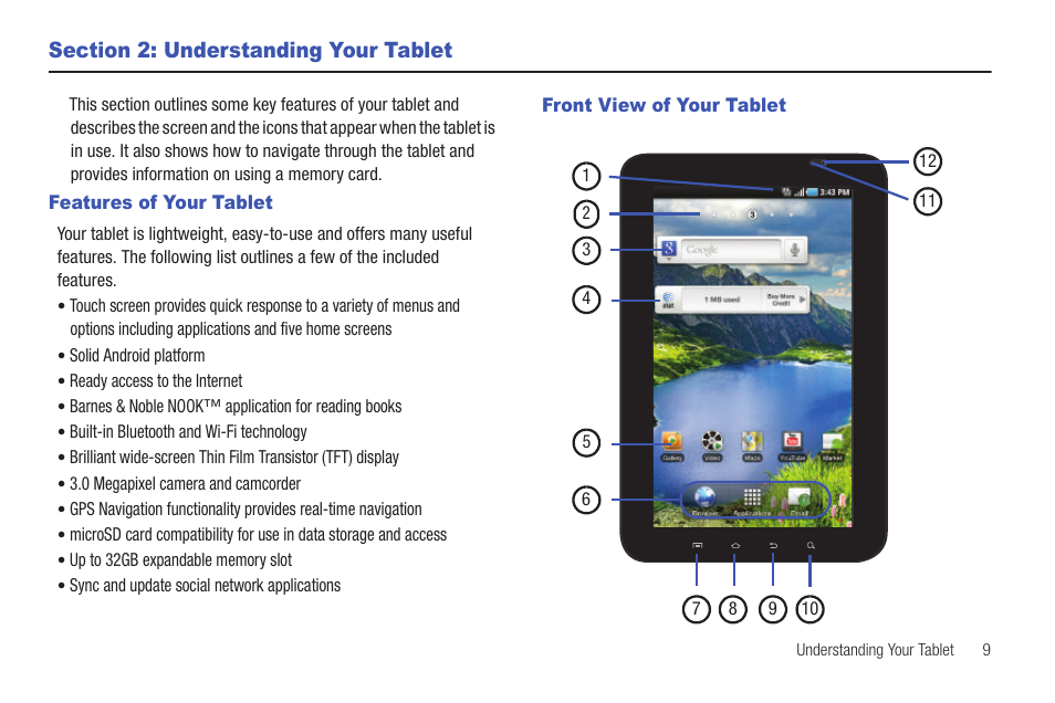 Section 2: understanding your tablet, Features of your tablet, Front view of your tablet | Features of your tablet front view of your tablet | Samsung GALAXY Tab SGH-I987 User Manual | Page 13 / 149