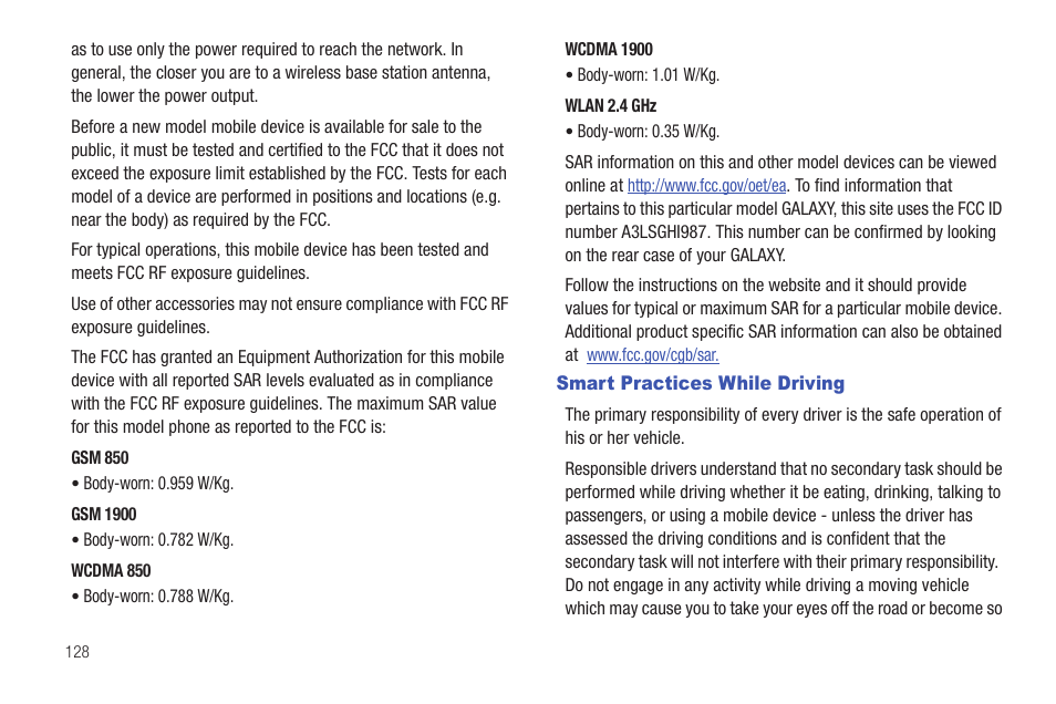 Smart practices while driving | Samsung GALAXY Tab SGH-I987 User Manual | Page 132 / 149