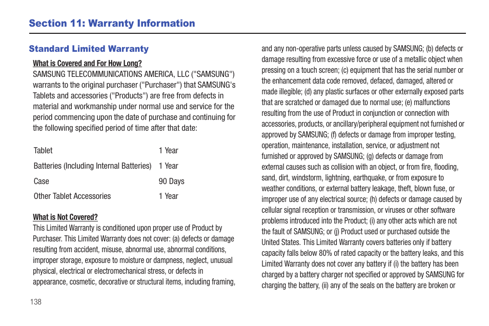 Section 11: warranty information, Standard limited warranty | Samsung GALAXY Tab SGH-I987 User Manual | Page 142 / 149