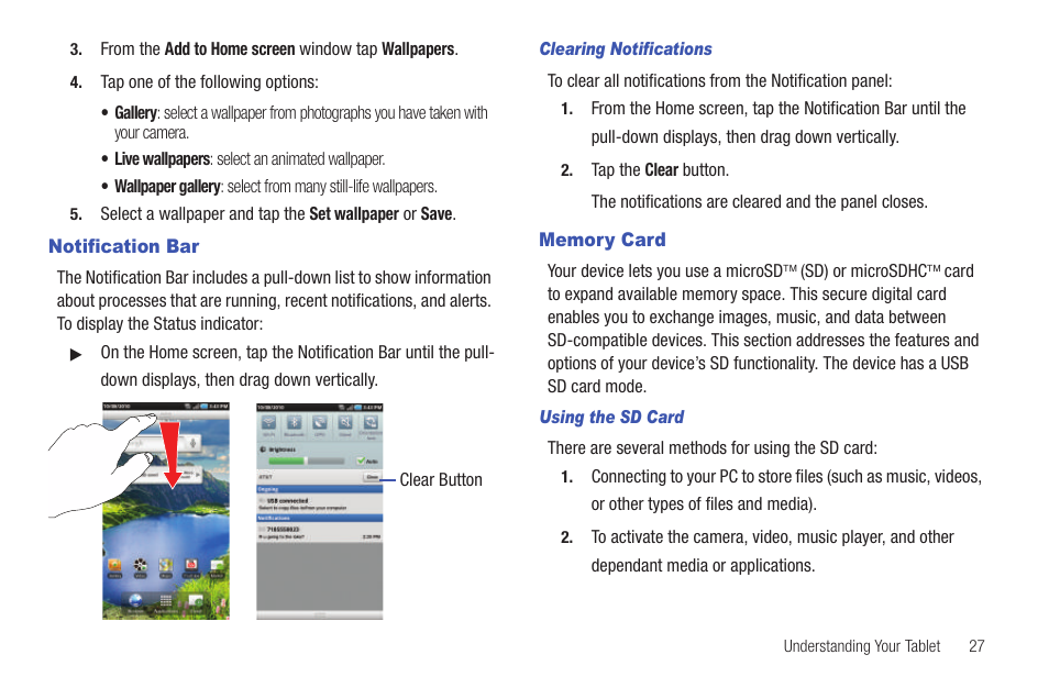 Notification bar, Memory card, Notification bar memory card | Samsung GALAXY Tab SGH-I987 User Manual | Page 31 / 149