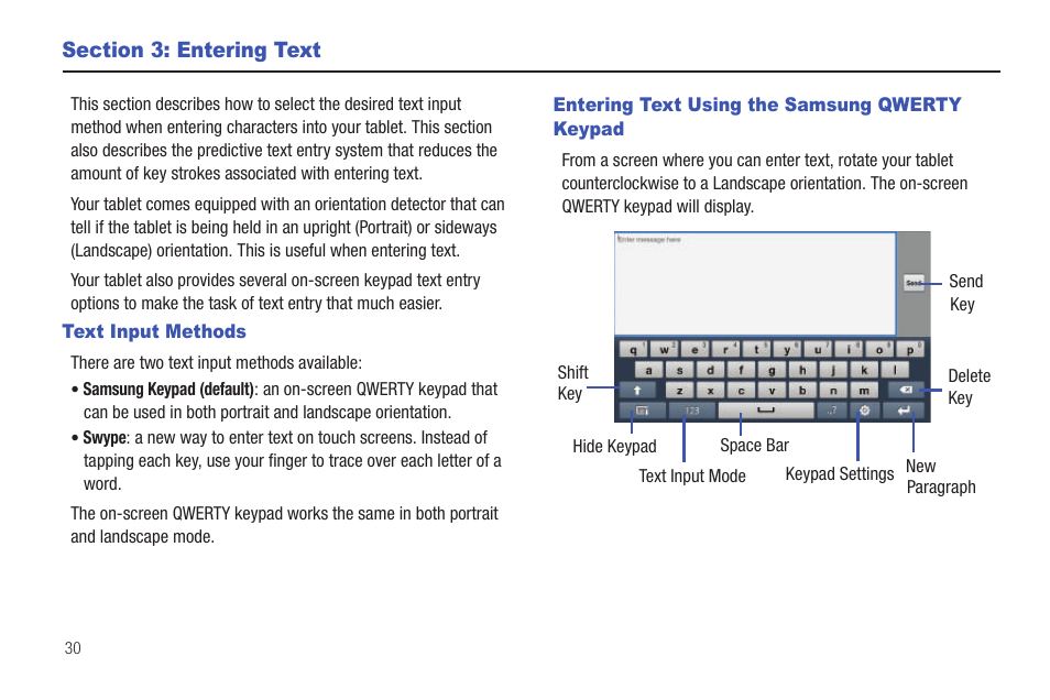 Section 3: entering text, Text input methods, Entering text using the samsung qwerty keypad | Samsung GALAXY Tab SGH-I987 User Manual | Page 34 / 149