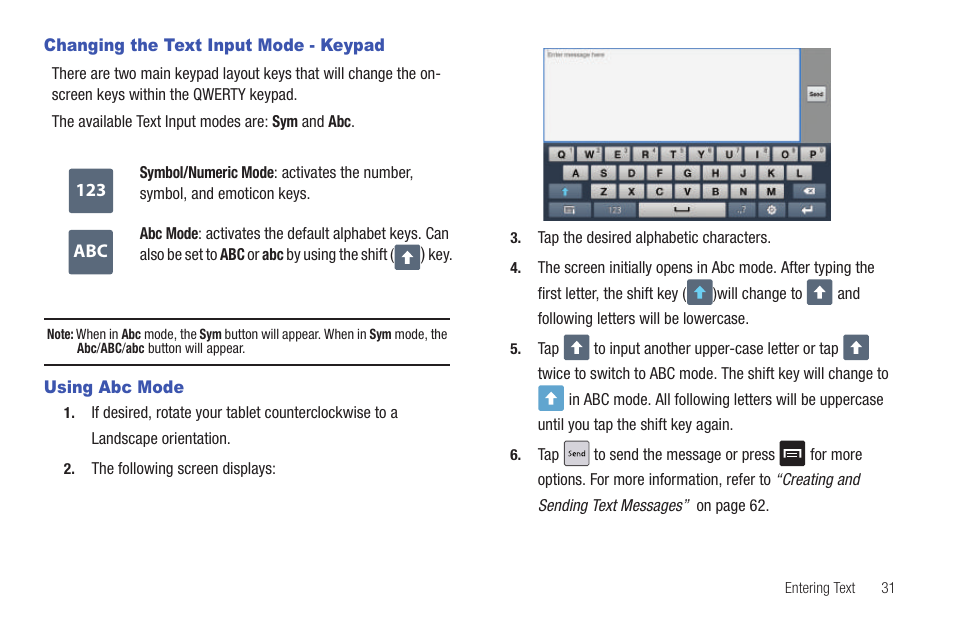 Changing the text input mode - keypad, Using abc mode | Samsung GALAXY Tab SGH-I987 User Manual | Page 35 / 149