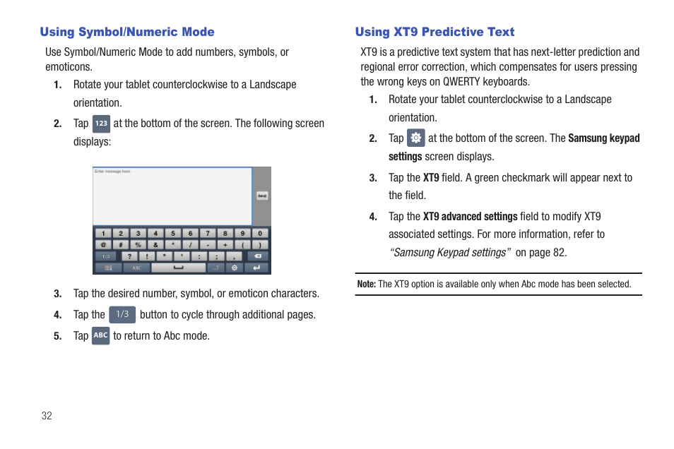 Using symbol/numeric mode, Using xt9 predictive text | Samsung GALAXY Tab SGH-I987 User Manual | Page 36 / 149