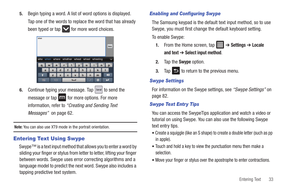 Entering text using swype | Samsung GALAXY Tab SGH-I987 User Manual | Page 37 / 149