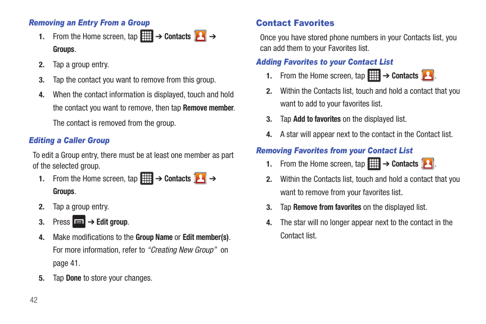 Contact favorites | Samsung GALAXY Tab SGH-I987 User Manual | Page 46 / 149
