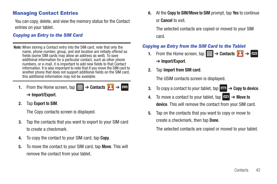 Managing contact entries | Samsung GALAXY Tab SGH-I987 User Manual | Page 47 / 149