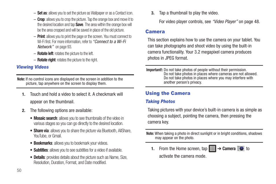 Camera, Using the camera, Camera using the camera | Samsung GALAXY Tab SGH-I987 User Manual | Page 54 / 149