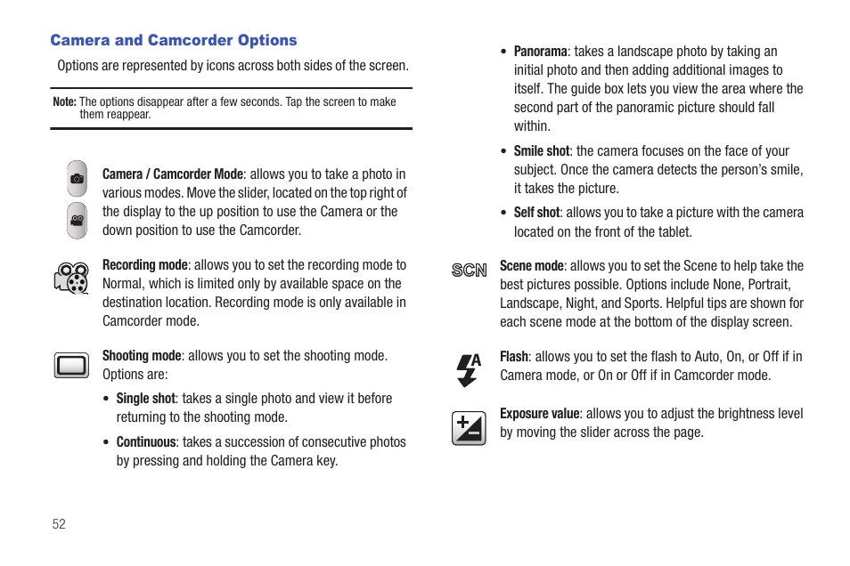 Camera and camcorder options | Samsung GALAXY Tab SGH-I987 User Manual | Page 56 / 149