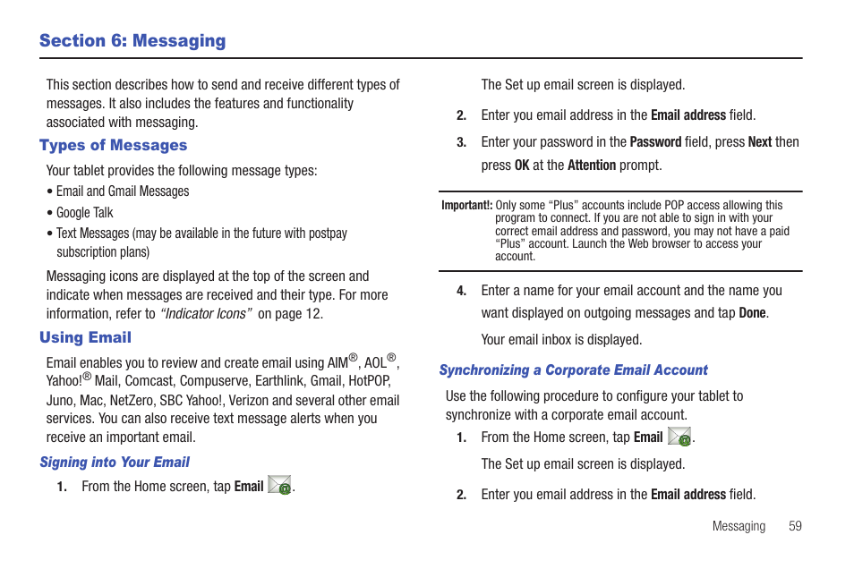 Section 6: messaging, Types of messages, Using email | Samsung GALAXY Tab SGH-I987 User Manual | Page 63 / 149