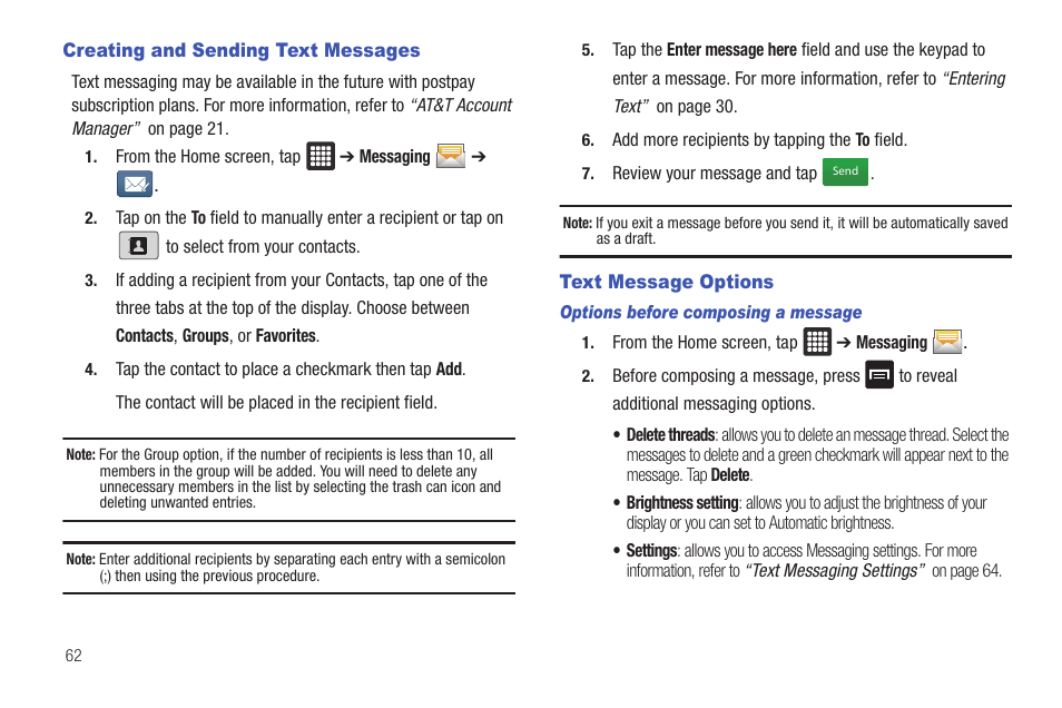 Creating and sending text messages, Text message options, For more | Information, refer to “creating and sending text | Samsung GALAXY Tab SGH-I987 User Manual | Page 66 / 149