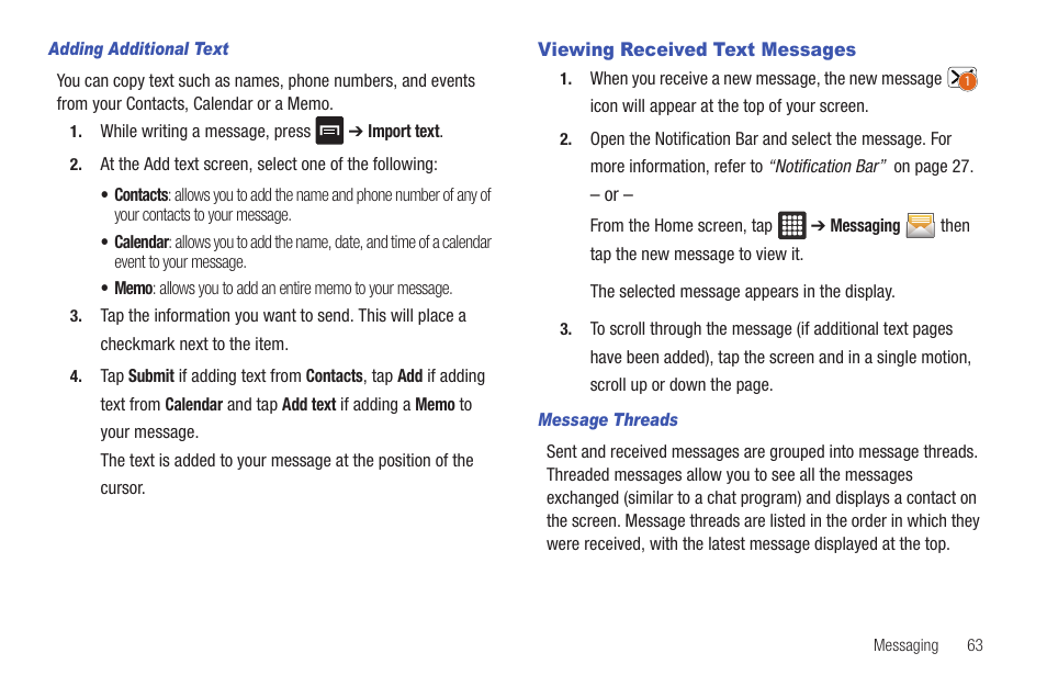 Viewing received text messages | Samsung GALAXY Tab SGH-I987 User Manual | Page 67 / 149