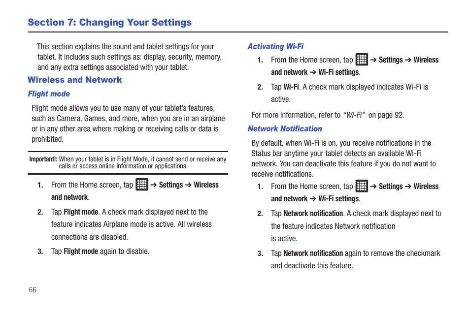 Section 7: changing your settings, Wireless and network | Samsung GALAXY Tab SGH-I987 User Manual | Page 70 / 149