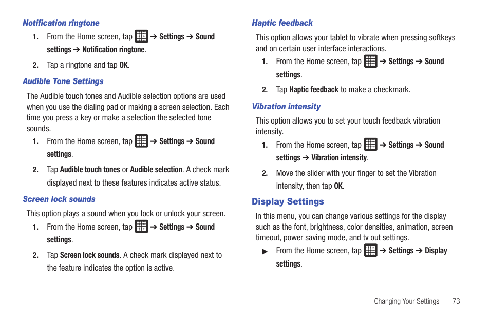 Display settings | Samsung GALAXY Tab SGH-I987 User Manual | Page 77 / 149