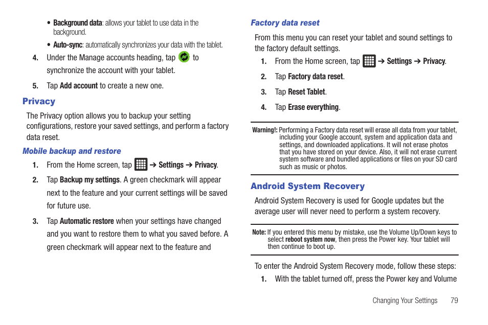 Privacy, Android system recovery, Privacy android system recovery | Samsung GALAXY Tab SGH-I987 User Manual | Page 83 / 149